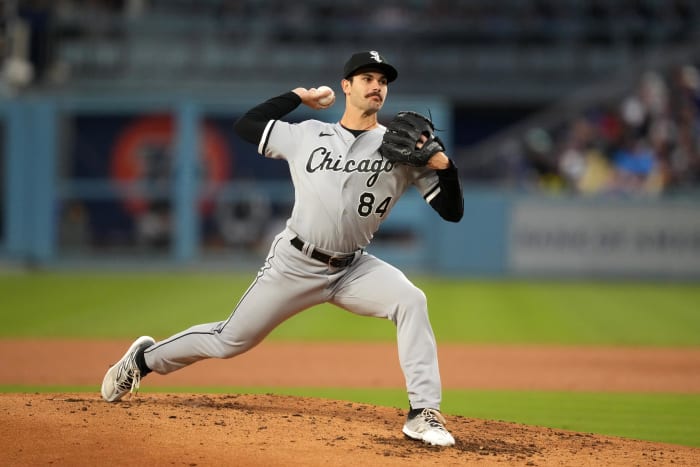Chicago White Sox starting pitcher Dylan Cease throws in the third inning against the Los Angeles Dodgers at Dodger Stadium. (2023)